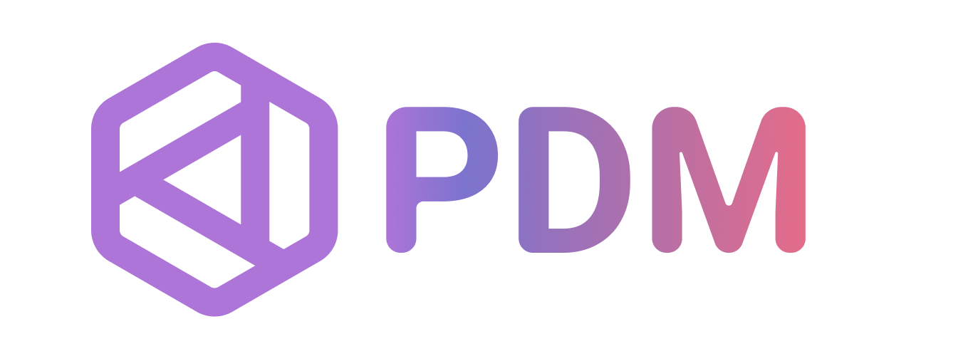 PDM Logo / wordmark. It's got an odd geometric icon that has a triangle in the middle of it