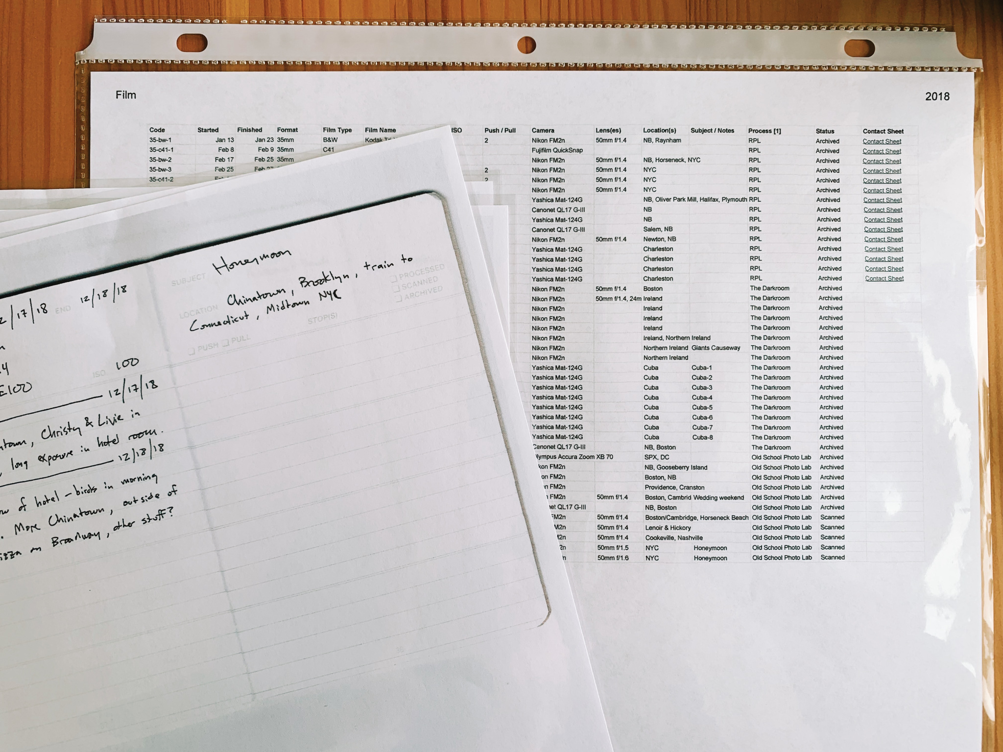 PhotoMemo pages and annual index in sheet protectors ready to be loaded into a film binder.