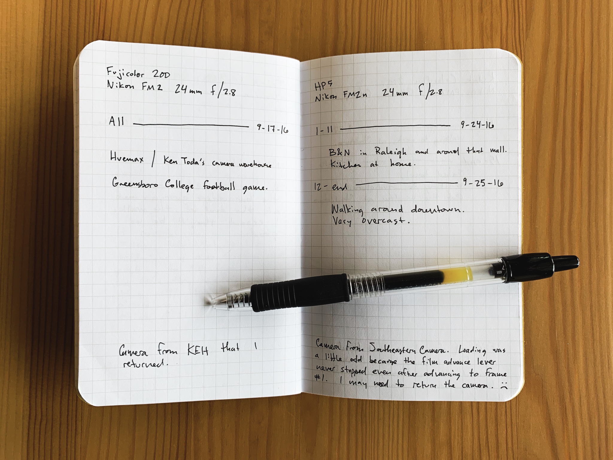 A Field Notes book with film notes in it.