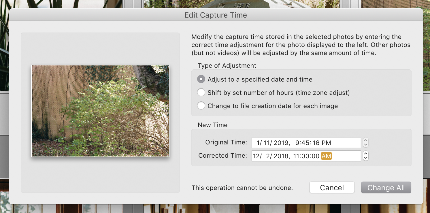 The Edit Capture Time dialog in Lightroom Classic