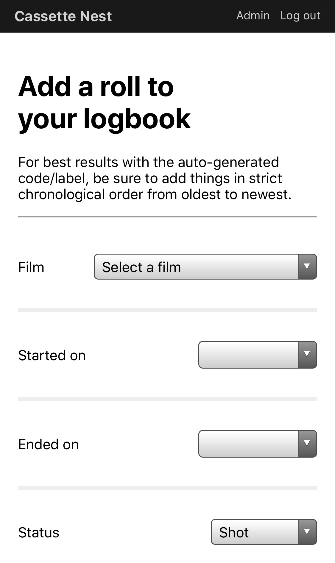 The new form that allows for adding a roll of film directly to someone’s Logbook.
